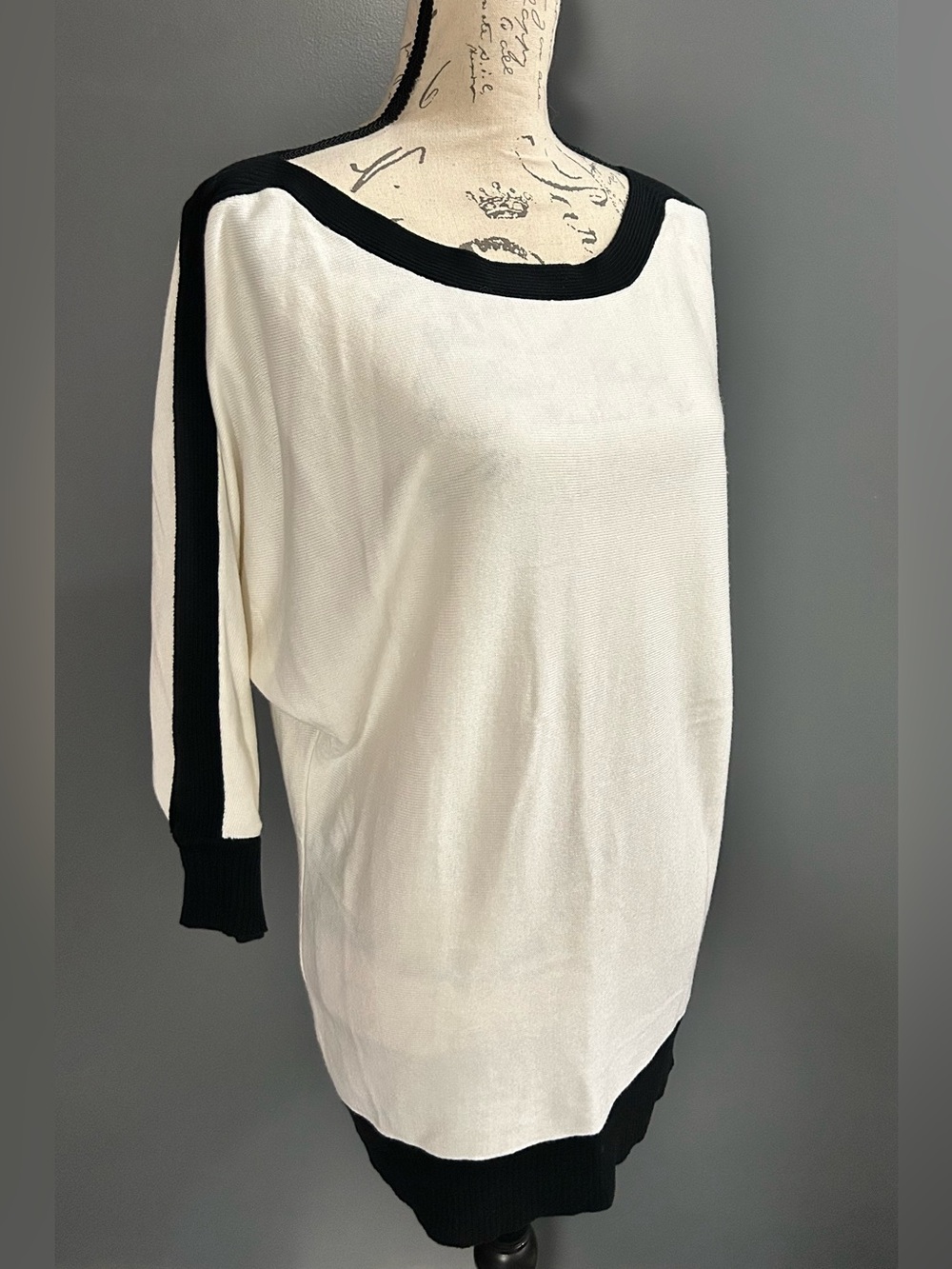 New York & Company White Off-the-Shoulder Sweater with Black Trim